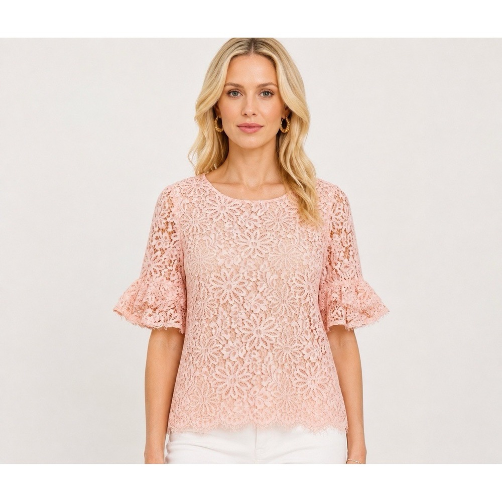 Nanette Lepore Pink Floral Lace Blouse Bell Sleeve Scalloped Hem Romantic Small